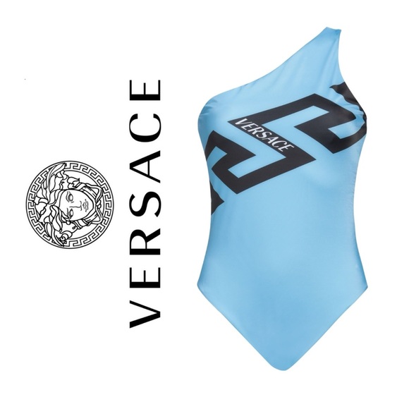 NWOT VERSACE GRECA LOGO ONE SHOULDER ONE-PIECE SWIMSUIT IN GNAWED BLUE - Picture 6 of 11